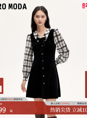 Vero Moda连衣裙秋冬拼接格纹蝴蝶结收腰A字丝绒连衣裙3243SZ015