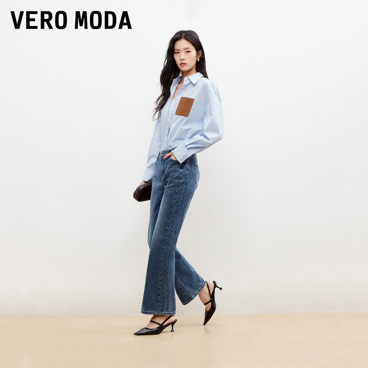 Vero Moda牛仔裤女2026春季新款含棉口袋九分微喇裤精致