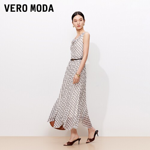VeroModa格纹荡领无袖连衣裙