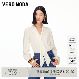 新款 Vero Moda衬衫 2026春季 优雅百搭通勤 女V领飘带纯色宽松衬衫