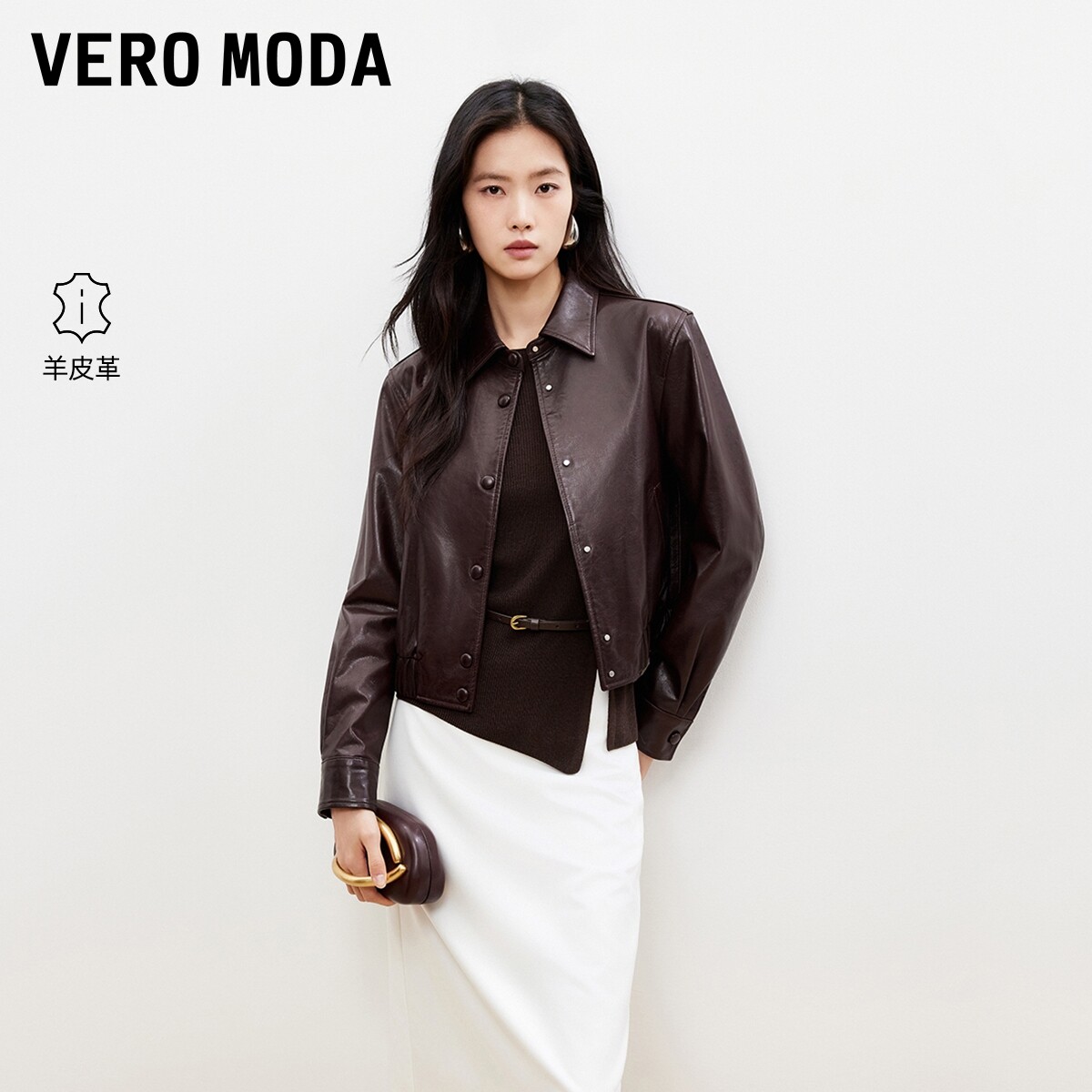 Vero Moda皮衣女2026春季新款翻领按扣羊皮革直筒外套3