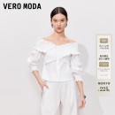 VeroModa衬衫女26夏秋新款白色一字V领木耳边灯笼袖上衣326231012