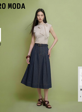 Vero Moda半身裙2026夏季新款纯棉腰带压褶明线A字长裙326237009