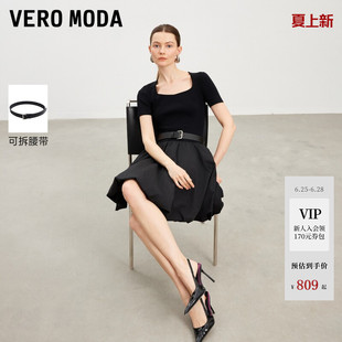 Vero Moda连衣裙2026夏季新款短袖收腰方领A字花苞短裙32627B033