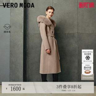 Vero Moda毛呢大衣女冬狐狸毛领双面呢纯绵羊毛简约静奢