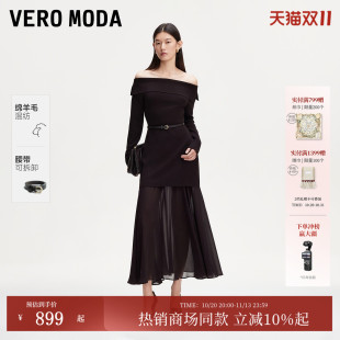 Vero Moda连衣裙2026秋冬新款含腰带搭片一字肩拼接长裙326446012