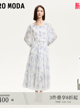 Vero Moda连衣裙夏季腰带装饰印花七分袖裙子32527C003