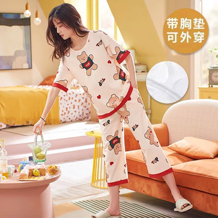 红豆带胸垫一体睡衣女夏天短袖 卡通休闲家居服可外 七分裤 纯棉套装