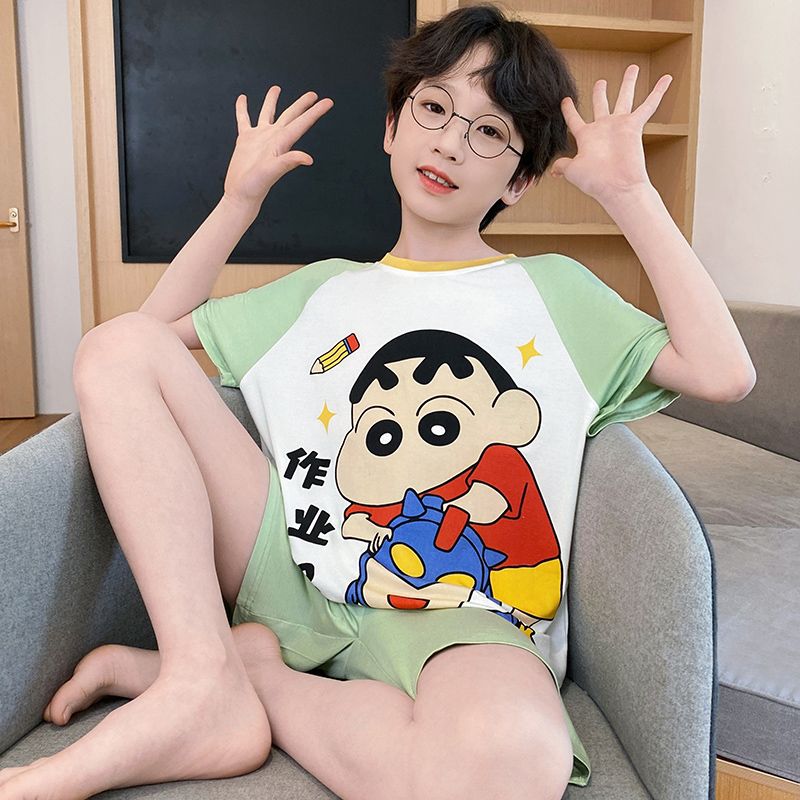 红豆蜡笔小新儿童睡衣莫代尔短袖短裤卡通可爱男童中大童青少年家