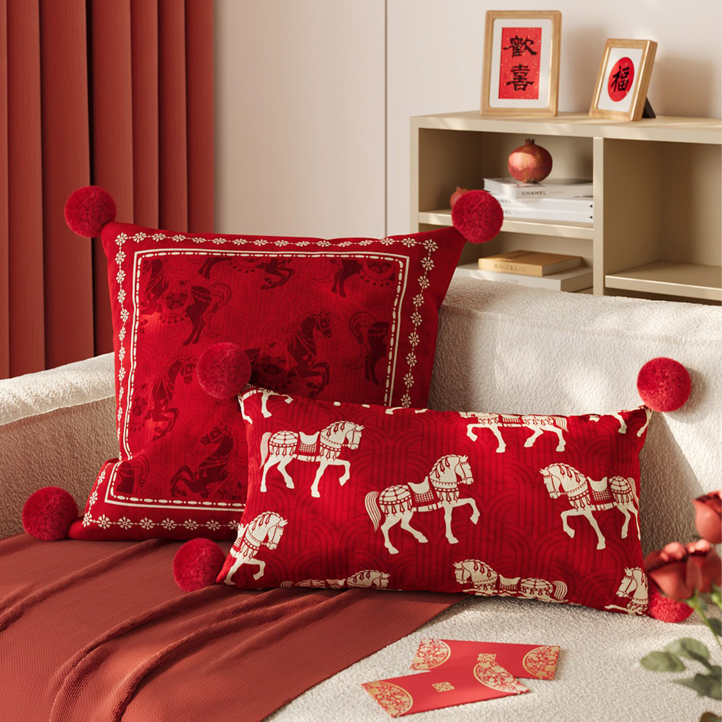 马年喜庆新年轻奢过年沙发抱枕含芯枕套靠枕婚庆红色结婚卧室客厅