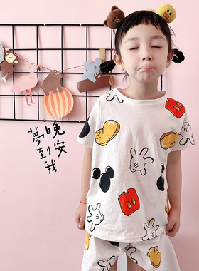 夏季儿童居家服纯棉卡通老鼠短袖两件套装中小童睡衣pyjamas kids