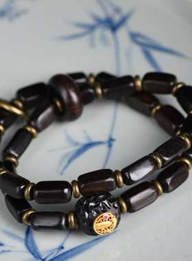 紫光檀黑檀双圈如意五路财神DIY配饰佛珠文玩手串男女款双圈念珠