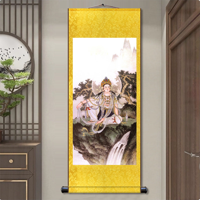 观音菩萨画像滴水观世音佛像画佛堂丝绸卷轴挂画书法玄关