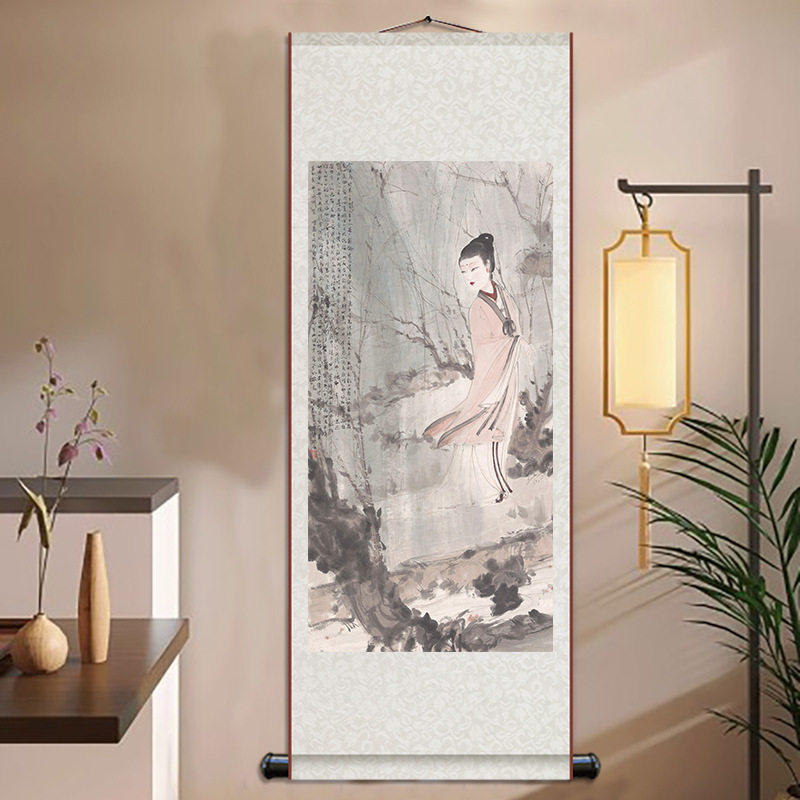 张大千傅抱石仕女图荷花梅花国画丝绸卷轴挂画玄关书房新中式