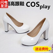 10厘米不累脚高跟鞋 女模特走秀粗跟防水台圆头细跟7白色cos漆皮鞋
