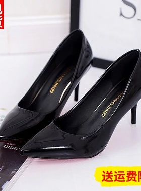 性感漆皮小高跟鞋女尖头3cm低跟5细跟大码41一43黑色职业浅口单鞋