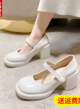 不累脚白色高跟鞋子女春秋粗跟中跟春季配旗袍的走秀模特专用皮鞋