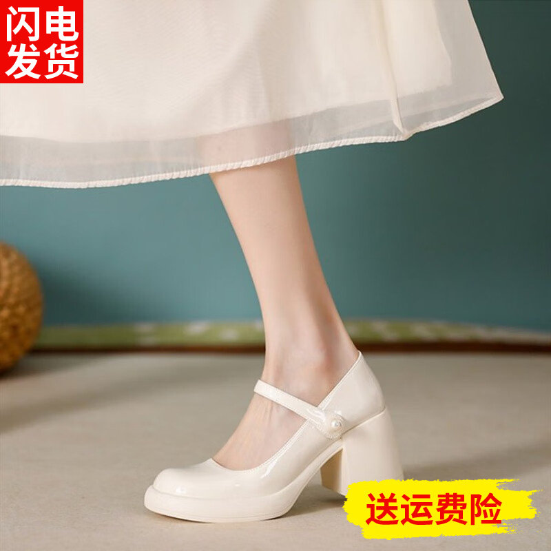 晚晚风白色高跟鞋女春秋法式复古粗跟玛丽珍鞋厚底温柔风浅口单鞋图片