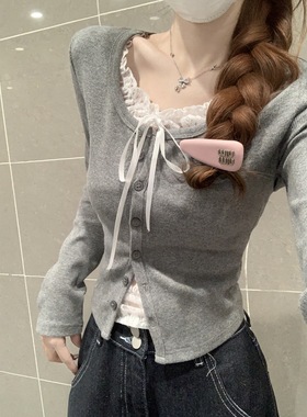 韩系慵懒高级感紫色翻领长袖毛衣女巨好看的早秋季穿搭针织衫上衣