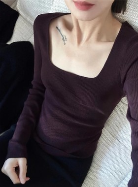 法式高级感方领针织打底衫女内搭秋冬款加厚修身显瘦葡萄紫色上衣