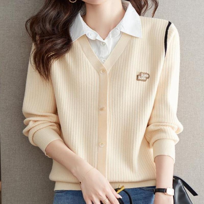 假两件上衣女时尚洋气2025春秋新款衬衣领宽松针织毛衣长袖打底衫