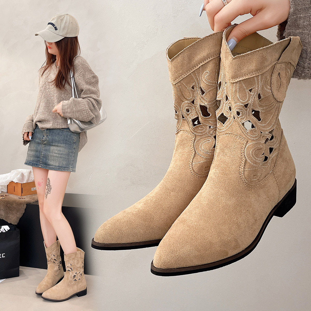 旅游风夏季真皮复古西部牛仔靴女镂空刺绣短靴粗跟骑士靴