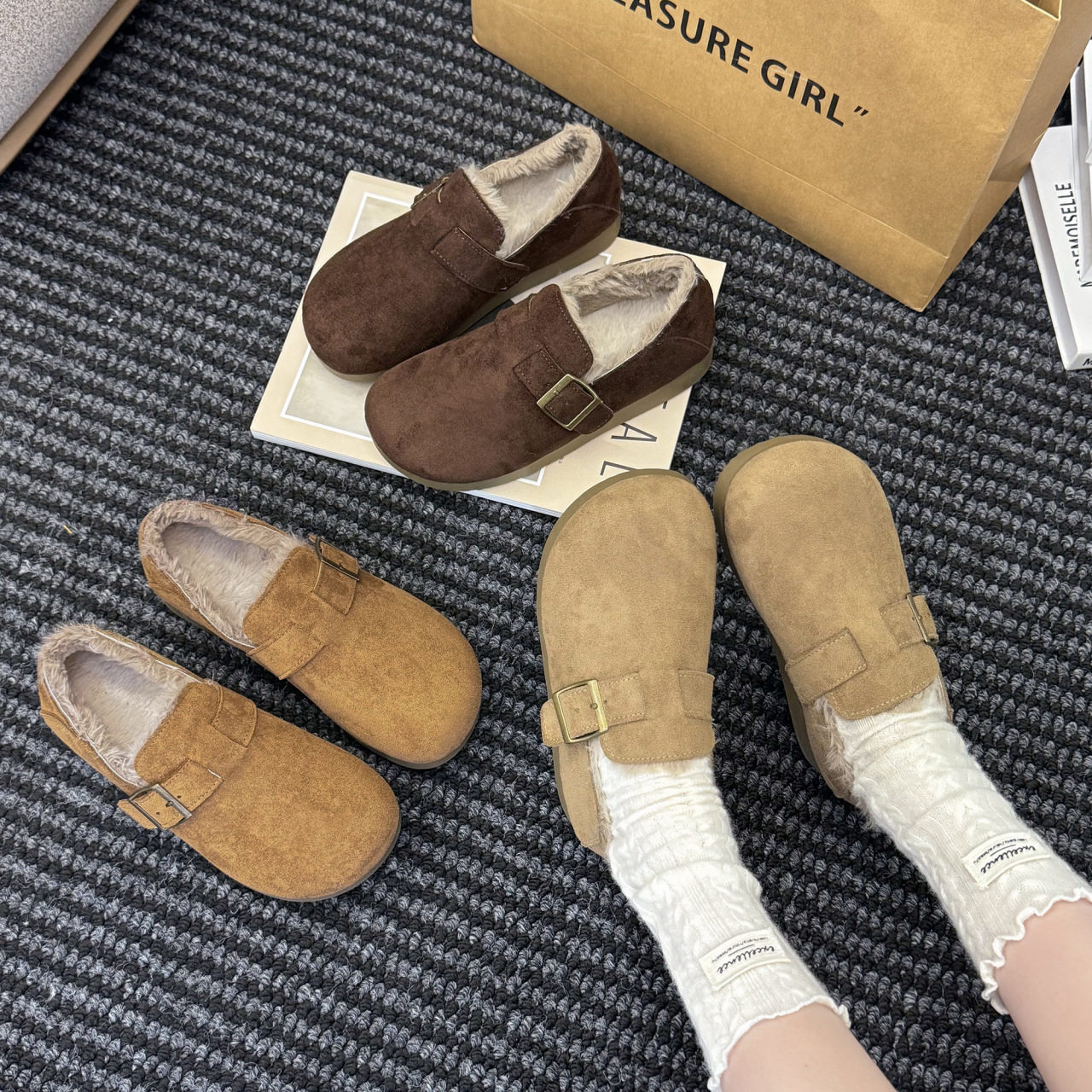 卡其复古加绒厚底勃肯鞋女2025年新款秋冬季增高软底加绒保暖棉鞋