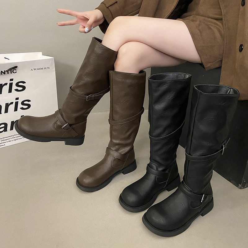 厚底圆头复古皮带扣擦色长筒靴女鞋2025年秋冬季新款高筒靴骑士靴