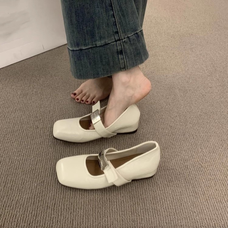 法式温柔风晚晚鞋一字带内增高软皮奶奶鞋女百搭通勤坡跟白色单鞋