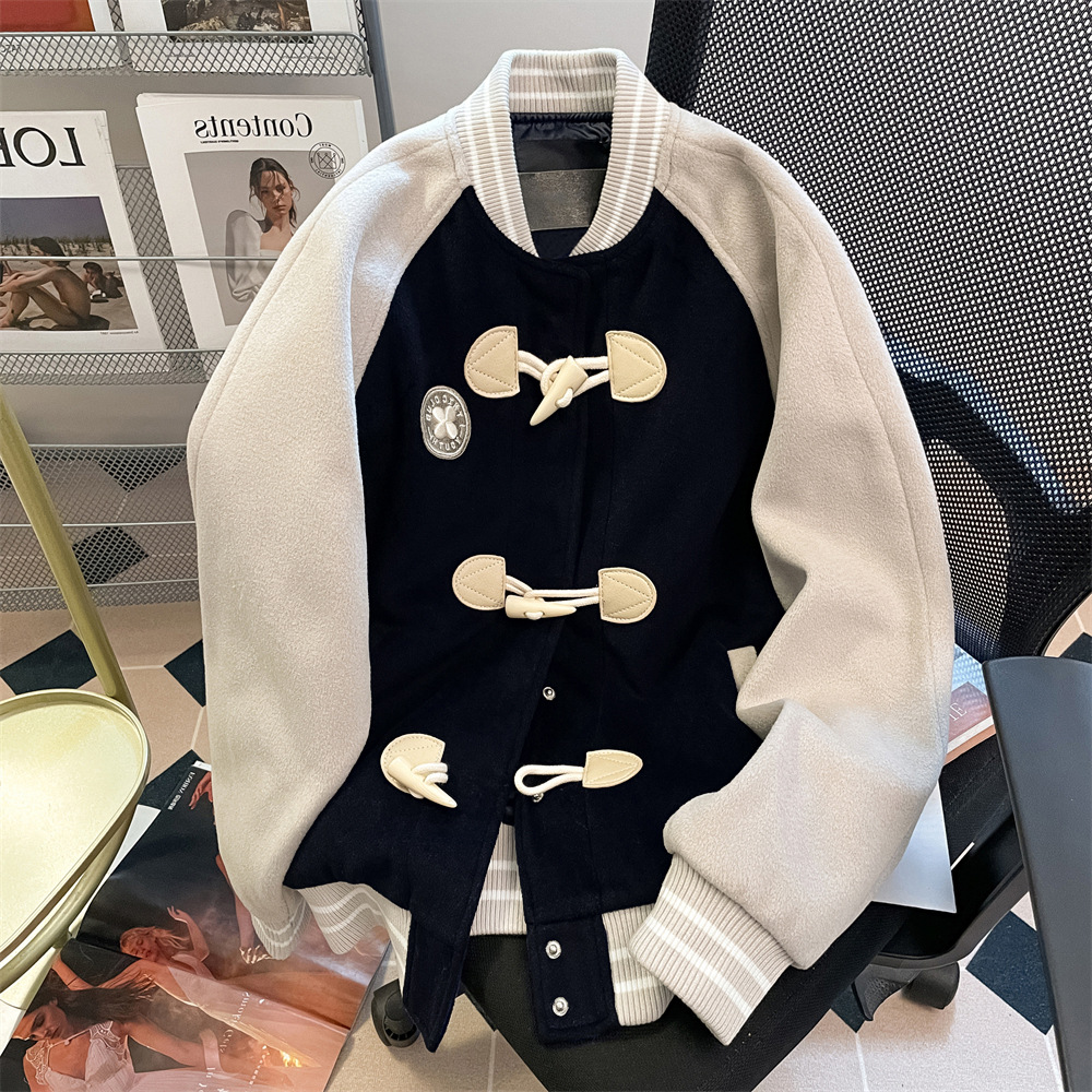 美式学院风拼接撞色棒球服夹克男女秋冬高级感vintage牛角扣外套