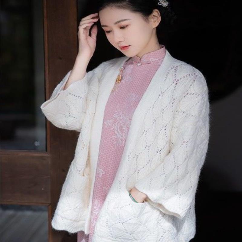 秋冬复古甜美少女百搭配旗袍加厚粗针文艺针织毛衣女开衫宽松外套