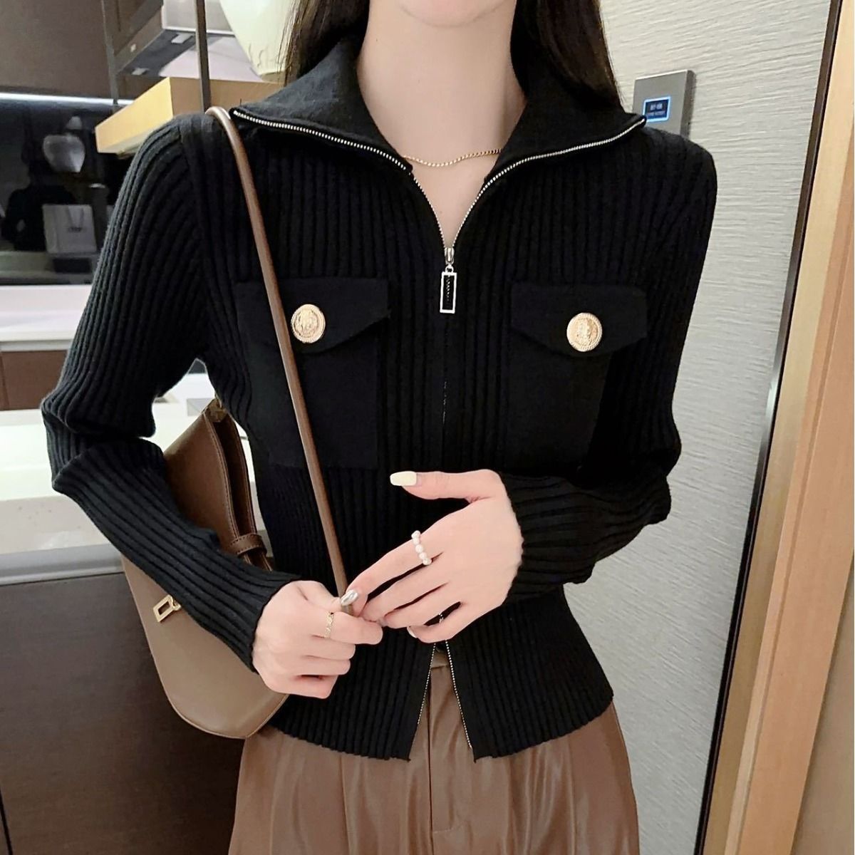 拉链毛衣针织上衣女春秋2024新款长袖高领小个子短款修身开衫外套