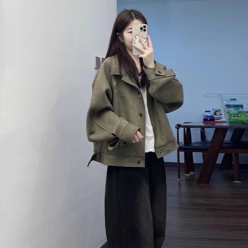 大码胖美式复古军绿色仿麂皮绒翻领夹克短款外套女秋冬新款