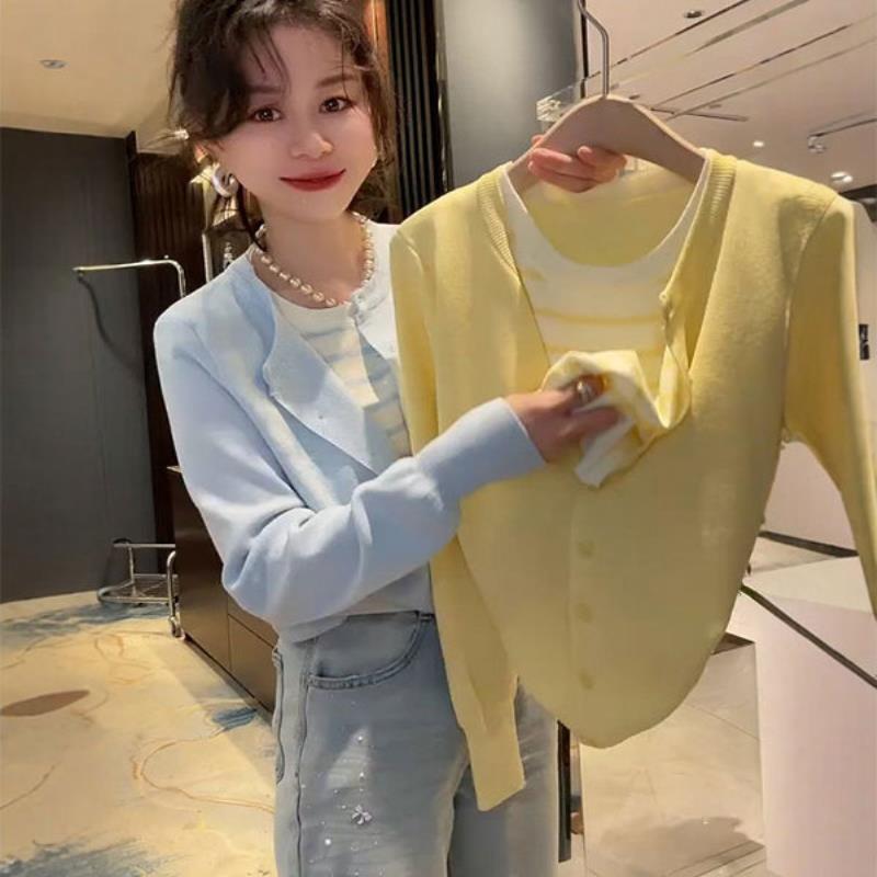 春季新款假两件拼接长袖针织开衫女宽松显瘦百搭毛衣外套上衣