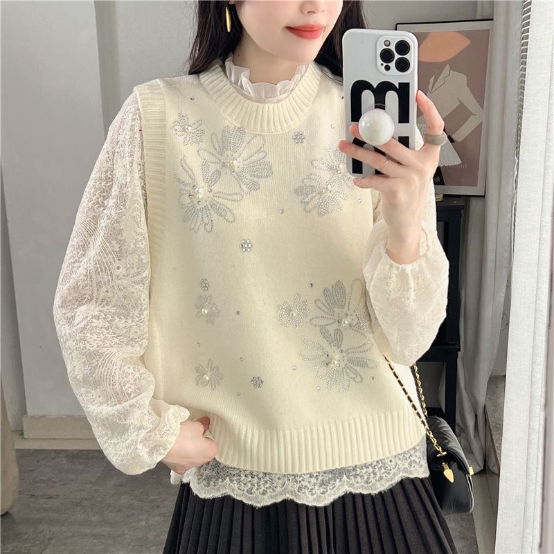 十三行秋冬新款立体花朵假两件针织衫上衣韩系温柔风钉珠毛衣女