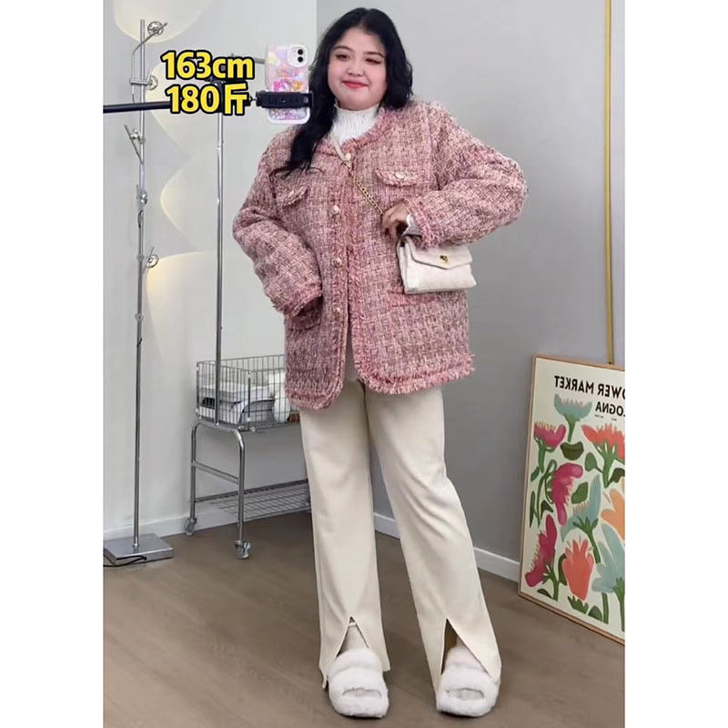 200斤胖mm大码小香风外套女2025秋冬新款流苏亮丝呢子上衣遮肚子