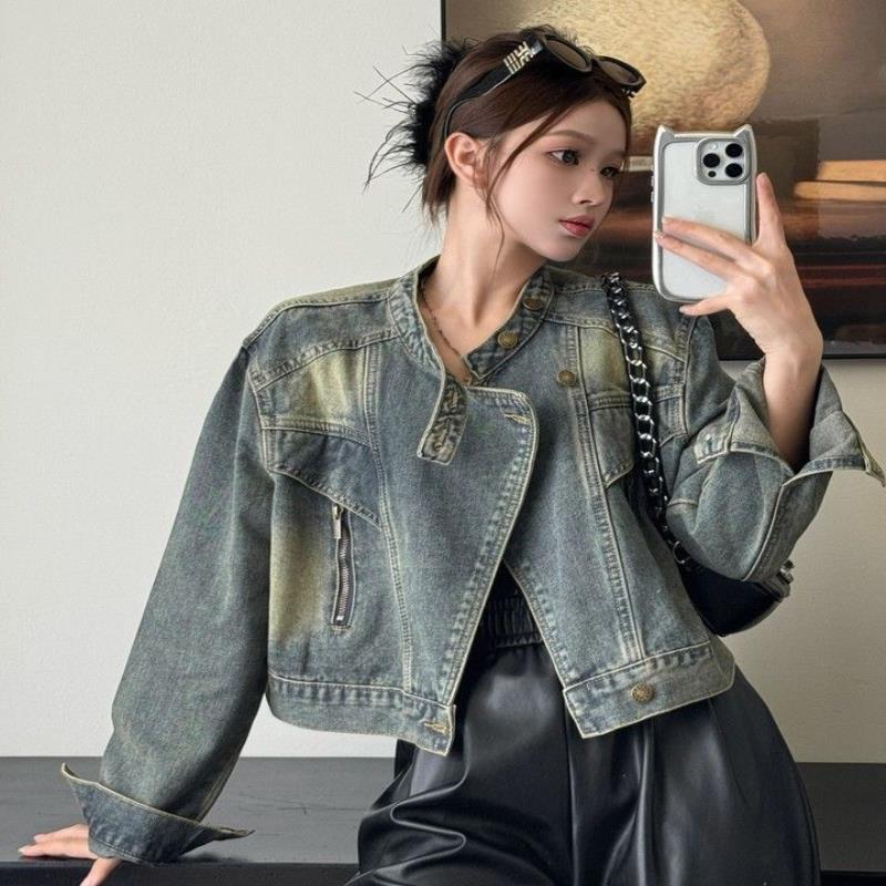 机车服立领牛仔外套女秋季2025新款别致拉链复古炸街宽松短款上衣