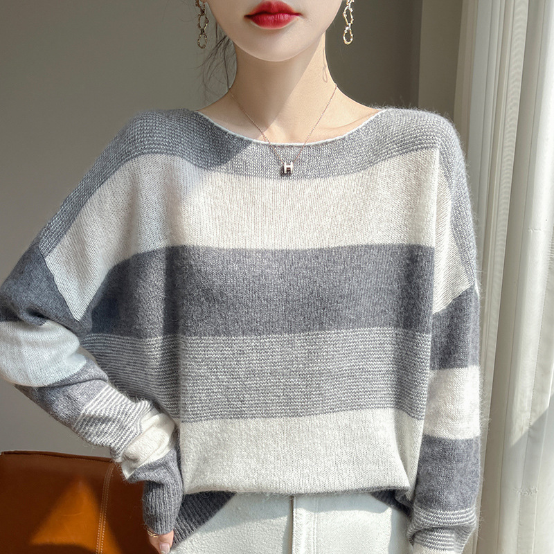 拼色圆领条纹100纯羊毛衫女装软糯欧洲站时尚24新款针织羊绒毛衣