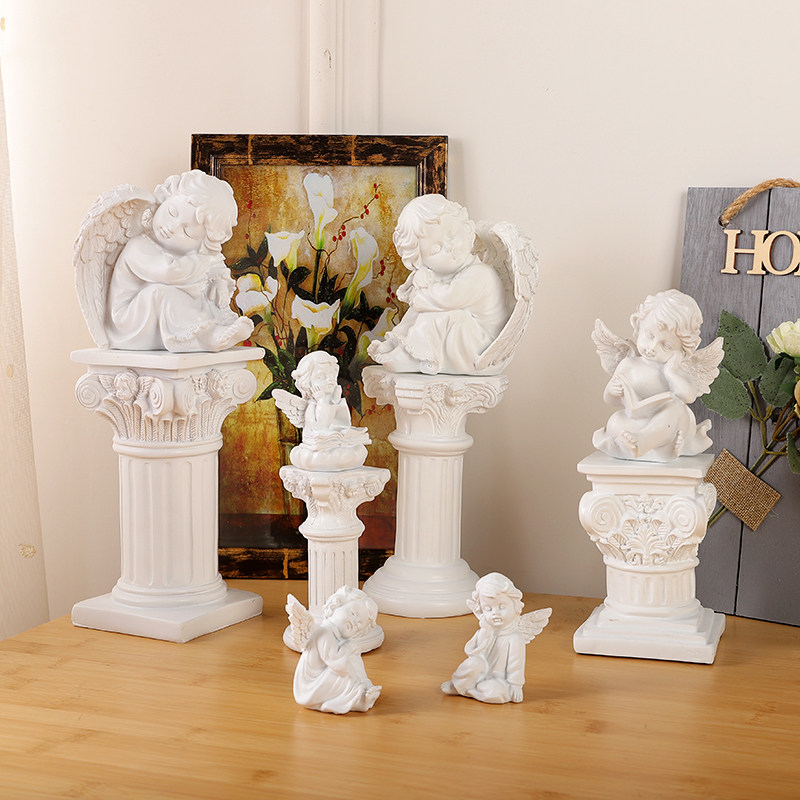 欧式树脂罗马柱烛台小天使摆件