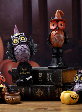 跨境新品万圣节装饰品道具礼物复古哥特式猫头鹰摆件树脂创意烛台