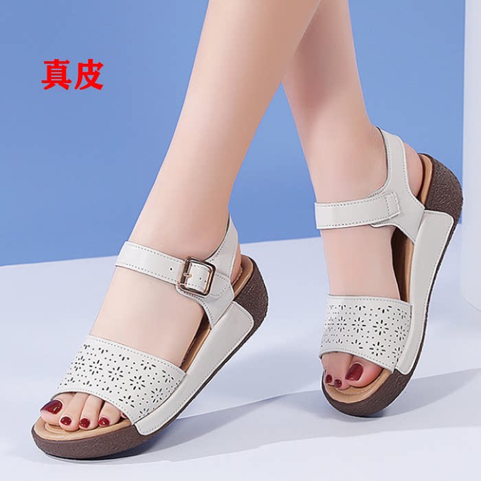 夏季真皮坡跟防水台松糕女凉鞋