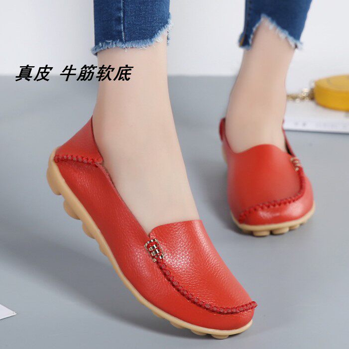 真皮豆豆鞋牛筋软底一脚蹬休闲乐福鞋平跟单鞋41424344大码女鞋子