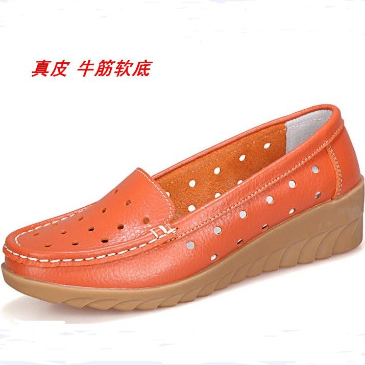 女鞋真皮凉鞋坡跟牛筋软底镂空洞洞鞋夏季女士中老年妈妈鞋凉皮鞋