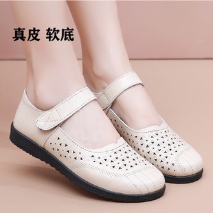 真皮软底镂空洞洞鞋2026夏季百搭女鞋平底舒适透气中老年妈妈凉鞋