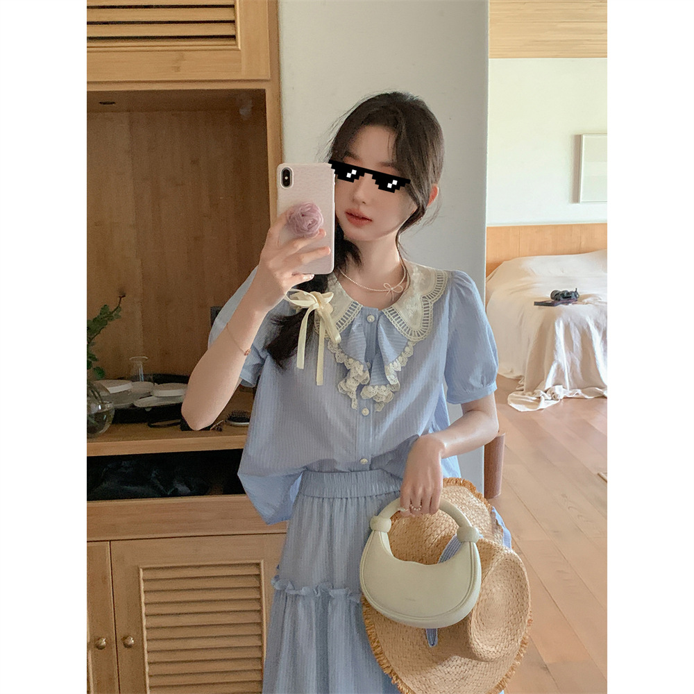 花栗鼠小姐 洱海漫步 清新法式风刺绣小衫+长短半裙俏皮减龄套装