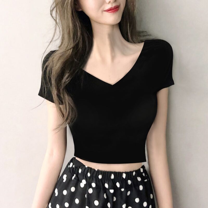 2018新款修身白色短款t恤女夏季上衣露脐短袖黑色高腰V领紧身纯棉