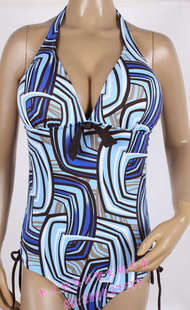 Y748原单大码条纹性感深V系脖带泳衣 无钢圈外贸连体温泉三角泳装