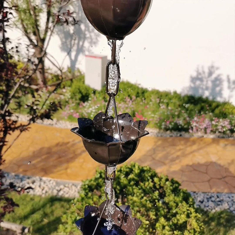 中式花瓣雨链屋檐莲花装饰下水器民宿别墅接雨排水黑链条导水铃铛