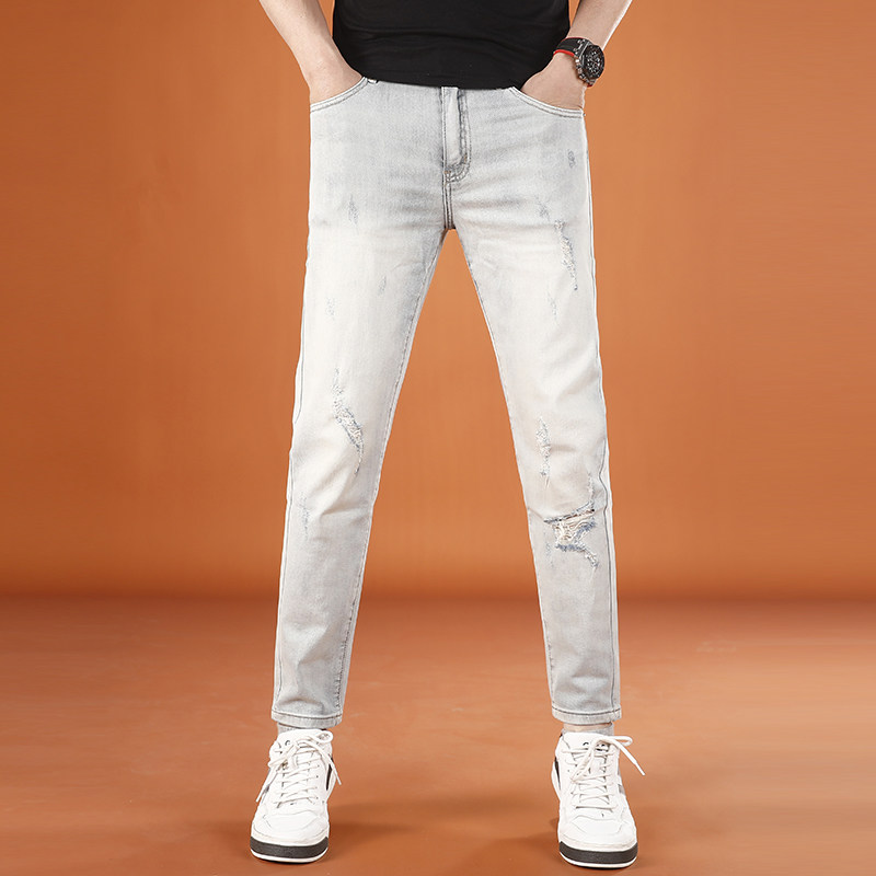破洞裤子男款乞丐裤夏季薄款浅色九分牛仔裤男夏季薄款修身小脚裤