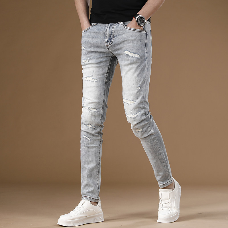破洞裤子男款潮流弹力修身小脚裤浅色男士牛仔裤2024春夏薄款长裤